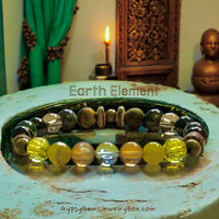 Earth Element Bracelet • Blue & Brown Aura Crystal, Lime Jade, Citrine, Olive Wood, Coconut Wood, Blue Tiger Eye, Moss Agate, Green Goldstone, Golden Tiger Eye, Smokey Quartz • Custom Size - Stretch (8mm) Natural Gemstone Crystal Energy Bead Bracelet