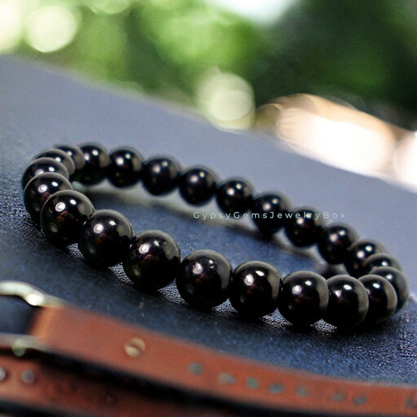 Jet (Black Gem Lignite, Azabache) Custom Size Round Smooth Stretch (8mm) Natural Gemstone Crystal Energy Bead Bracelet