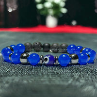 Jade - Jadeite Electric Royal Blue Custom Size + Evil Eye + Hematite + Lava Stone Round Smooth Stretch (8mm) Natural Gemstone Crystal Energy Bead Bracelet