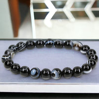 Onyx - Sardonyx - Black Stripe Agate  Custom Size Round Smooth Stretch (8mm) Natural Gemstone Crystal Energy Bead Bracelet