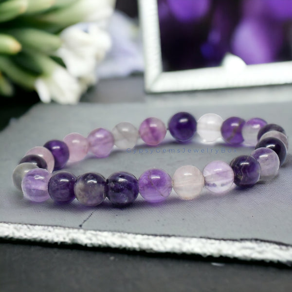 Fluorite - Purple Custom Size Round Smooth Stretch (8mm) Natural Gemstone Crystal Energy Bead Bracelet