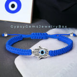 Evil Eye Hamsa Hand Blue Silk String Cord Braided Macrame Adjustable Slider Knot Good Luck Energy Bracelet