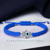 Evil Eye Hamsa Hand Blue Silk String Cord Braided Macrame Adjustable Slider Knot Good Luck Energy Bracelet