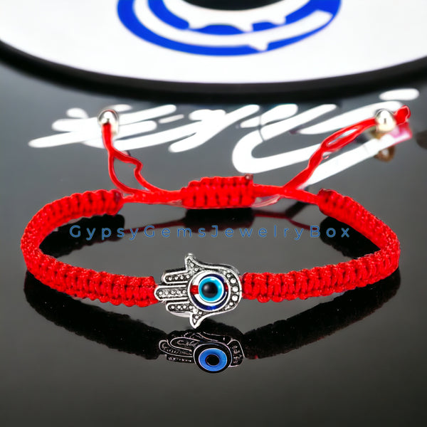 Evil Eye Hamsa Hand Red Silk String Braided Macrame Adjustable Slider Knot Good Luck Energy Bracelet