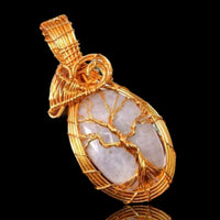 Moonstone Rainbow Golden Copper Wire Wrapped Weave Pendant Necklace