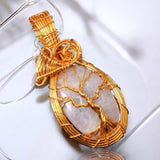 Moonstone Rainbow Golden Copper Wire Wrapped Weave Pendant Necklace