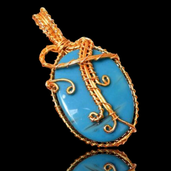 Turquoise Golden Copper Wire Wrapped Weave Pendant Necklace