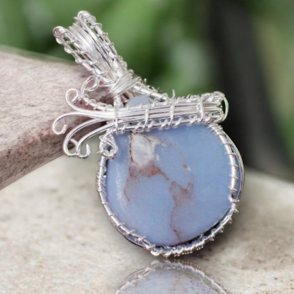 Blue Opal Silver Copper Wire Wrapped Weave Pendant Necklace