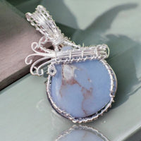 Blue Opal Silver Copper Wire Wrapped Weave Pendant Necklace