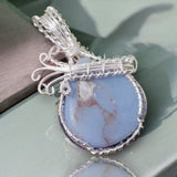 Blue Opal Silver Copper Wire Wrapped Weave Pendant Necklace