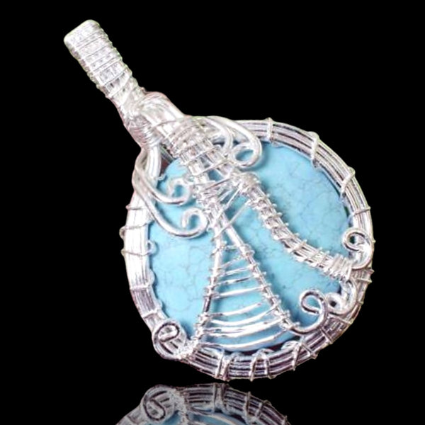 Turquoise Magnesite Silver Copper Wire Wrapped Weave Pendant Necklace