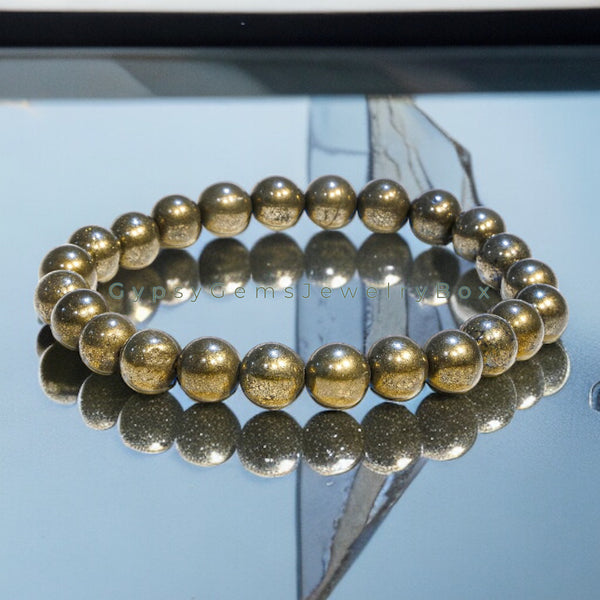 Pyrite - Iron Pyrite Round Smooth Stretch (8mm) Natural Gemstone Crystal Energy Bead Bracelet
