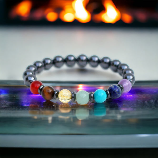 7 CHAKRA & Hematite + Hematite Saucer Spacers Custom Size Smooth Stretch (8mm) Natural Gemstone Crystal Energy Bead Bracelet