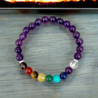 9 CHAKRA & Amethyst Custom Size Silver Spacers Smooth Stretch (8mm) Natural Gemstone Crystal Energy Bead Bracelet