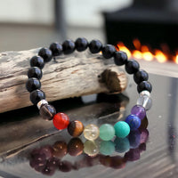 9 CHAKRA & Obsidian Custom Size Silver Spacers Round Smooth Stretch (8mm) Natural Gemstone Crystal Energy Bead Bracelet