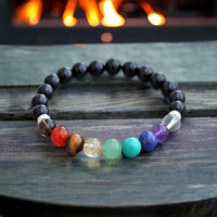 9 CHAKRA & Obsidian Custom Size Silver Spacers Round Smooth Stretch (8mm) Natural Gemstone Crystal Energy Bead Bracelet