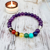 9 CHAKRA & Amethyst Custom Size Silver Spacers Smooth Stretch (8mm) Natural Gemstone Crystal Energy Bead Bracelet