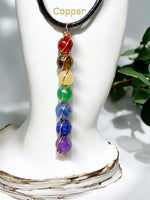 7 Chakra Drop Wire Wrapped Swirl Pendant Necklace • Choose Copper • Sterling Silver • Gold • Handmade Faceted Natural Crystal Gemstones: Amethyst, Lapis Lazuli, Sodalite, Tiger Eye, Green Aventurine, Citrine and Carnelian