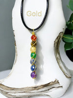 7 Chakra Drop Wire Wrapped Swirl Pendant Necklace • Choose Copper • Sterling Silver • Gold • Handmade Faceted Natural Crystal Gemstones: Amethyst, Lapis Lazuli, Sodalite, Tiger Eye, Green Aventurine, Citrine and Carnelian