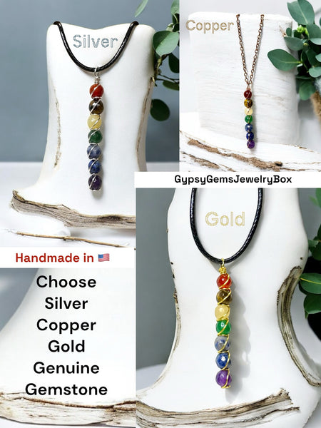 7 Chakra Drop Wire Wrapped Swirl Pendant Necklace • Choose Copper • Sterling Silver • Gold • Handmade Faceted Natural Crystal Gemstones: Amethyst, Lapis Lazuli, Sodalite, Tiger Eye, Green Aventurine, Citrine and Carnelian