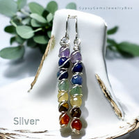 7 Chakra Drop Dangle Earrings • Choose Copper • Sterling Silver • Gold • Handmade Wire Wrapped Natural Crystal Gemstone: Amethyst, Lapis Lazuli, Sodalite, Tiger Eye, Green Aventurine, Citrine and Carnelian