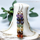 7 Chakra Drop Dangle Earrings • Choose Copper • Sterling Silver • Gold • Handmade Wire Wrapped Natural Crystal Gemstone: Amethyst, Lapis Lazuli, Sodalite, Tiger Eye, Green Aventurine, Citrine and Carnelian