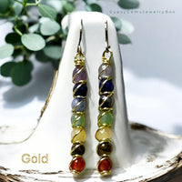 7 Chakra Drop Dangle Earrings • Choose Copper • Sterling Silver • Gold • Handmade Wire Wrapped Natural Crystal Gemstone: Amethyst, Lapis Lazuli, Sodalite, Tiger Eye, Green Aventurine, Citrine and Carnelian