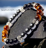 Triple Protection - Tiger Eye Yellow Golden Brown + Black Onyx + Hematite Silver “Power of Three” Custom Size Round Smooth Stretch (8mm) Natural Gemstone Crystal Energy Bead Bracelet