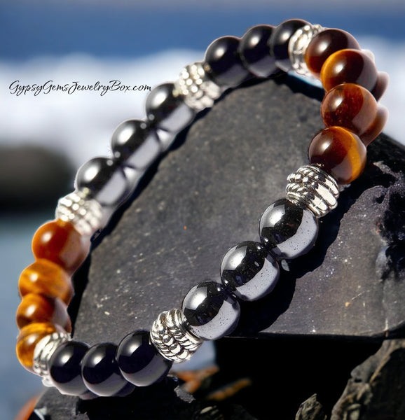 Triple Protection - Tiger Eye Yellow Golden Brown + Black Onyx + Hematite Silver “Power of Three” Custom Size Round Smooth Stretch (8mm) Natural Gemstone Crystal Energy Bead Bracelet