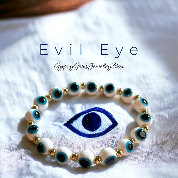Evil Eye Stretch White Gold Bead Energy Bracelet
