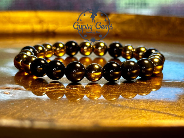 Pyrite (Gold) + Gold Sheen Black Obsidian Round Smooth Stretch (8mm) Natural Gemstone Crystal Energy Bead Bracelet