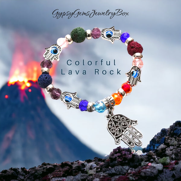 Hamsa Hand Of Fatima Bracelet - Natural Lava Stone Beads, Stretchable, Handmade