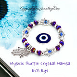 Evil Eye Hamsa Hand Charm Purple Crystal Bead Energy Bracelet