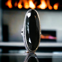 Obsidian Black Natural Gemstone Faceted .925 Sterling Silver Oval Statement Ring (Size 7.5)