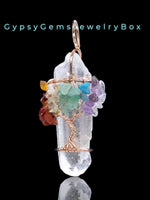 Copper Wire Wrapped Tree of Life Lemurian Seed Quartz Crystal Point 7 Chakra Pendulum Point Pendant Necklace