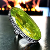 Peridot Natural Gemstone Faceted .925 Sterling Silver Oval Statement Ring (Size 7.75)