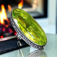 Peridot Natural Gemstone Faceted .925 Sterling Silver Oval Statement Ring (Size 7.75)