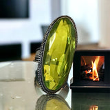 Peridot Natural Gemstone Faceted .925 Sterling Silver Oval Statement Ring (Size 8.75)