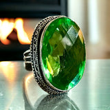 Peridot Natural Gemstone Faceted .925 Sterling Silver Oval Statement Ring (Size: 7.5)