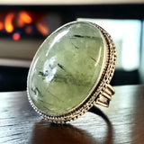 Prehnite Natural Gemstone Faceted .925 Sterling Silver Oval Statement Ring (Size: 8)
