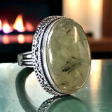 Prehnite Natural Gemstone Faceted .925 Sterling Silver Oval Statement Ring (Size: 8)