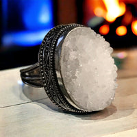 Quartz White Druzy Crystal Cluster Natural Gemstone .925 Sterling Silver Oval Statement Ring (Size 9)