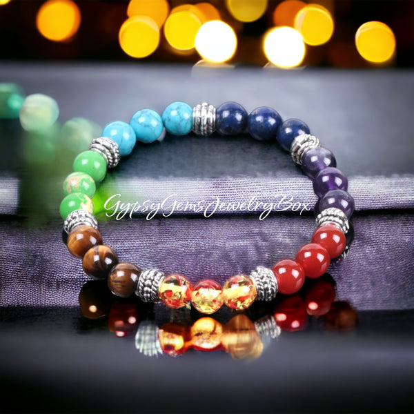 7 Chakra Multicolor Rainbow Custom Size Round Smooth Stretch Silver (8mm) Natural Gemstone Crystal Energy Bead Bracelet x Large 9”