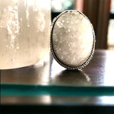 Quartz White Druzy Crystal Cluster Natural Gemstone .925 Sterling Silver Oval Statement Ring (Size 9)
