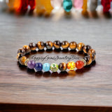 7 CHAKRA & Tiger Eye Yellow Golden Brown Custom Size Gold Spacers Round Smooth Stretch Natural Gemstone Crystal Energy Bead Bracelet
