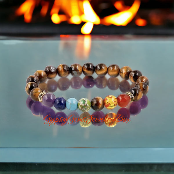 Natural Healing 7 Chakra Crystal Bracelet With Lava Stone & Tiger's Eye - Adjustable Yoga Energy Beads