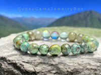 Jasper - African Turquoise Green Jasper•Labradorite•Aura Crystal Custom Size Round Smooth Stretch (8mm) Natural Gemstone Crystal Energy Bead Bracelet