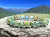 Jasper - African Turquoise Green Jasper•Labradorite•Aura Crystal Custom Size Round Smooth Stretch (8mm) Natural Gemstone Crystal Energy Bead Bracelet