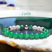 Jade - Jadeite Imperial Green•Clear Quartz Crystal•Green Tiger Eye• Hematite•Custom Size Round Smooth Stretch (8mm) Natural Gemstone Crystal Energy Bead Bracelet