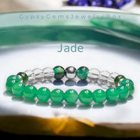 Jade - Jadeite Imperial Green•Clear Quartz Crystal•Green Tiger Eye• Hematite•Custom Size Round Smooth Stretch (8mm) Natural Gemstone Crystal Energy Bead Bracelet